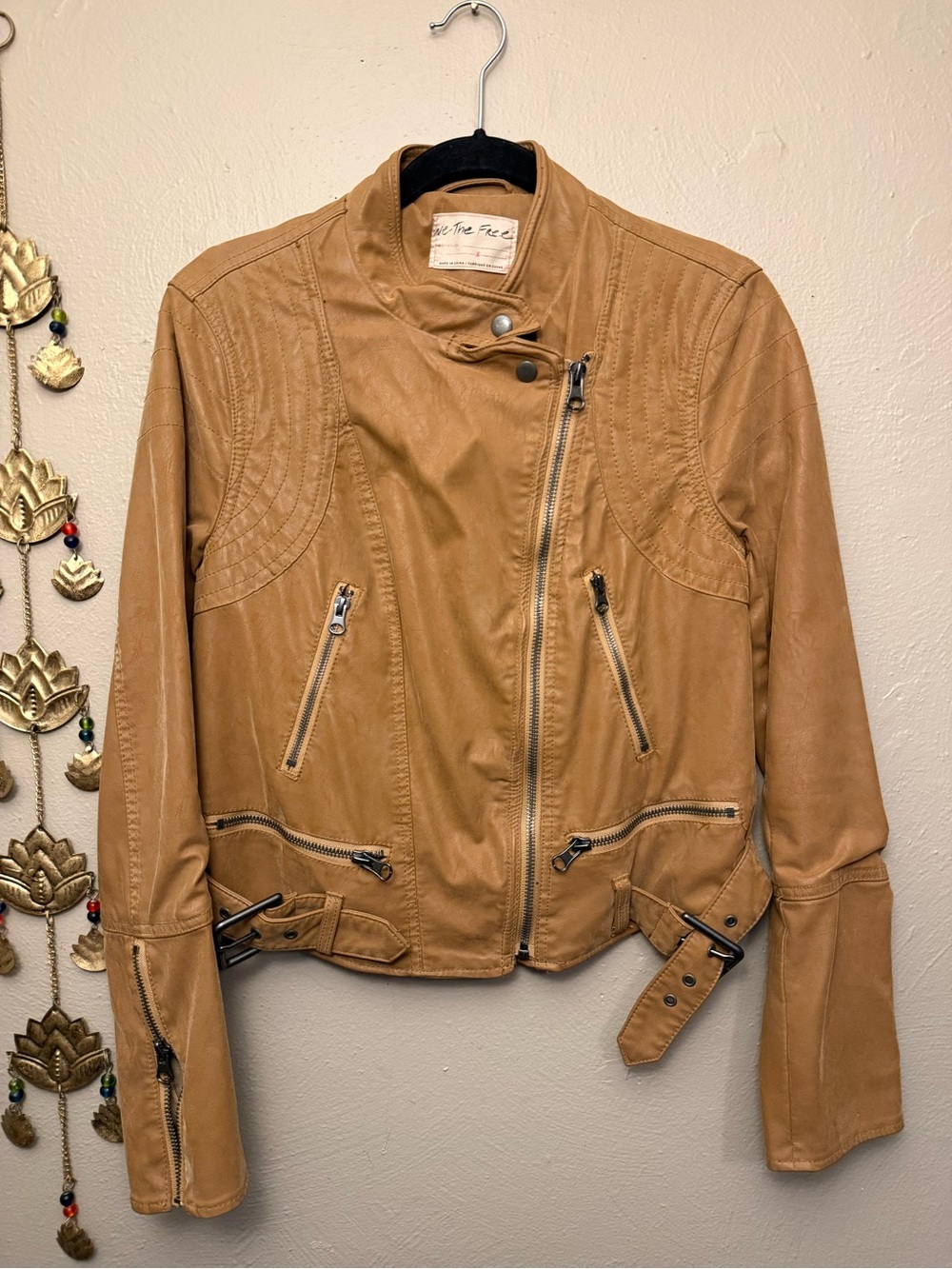 Free People We The Free Camel Tan Moto Jacket Ribbed Shoulders Size Small